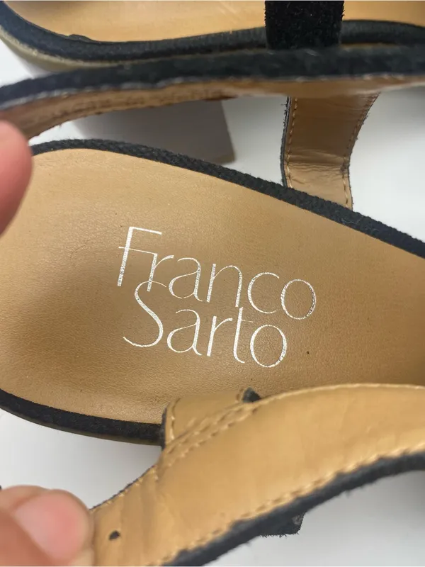 Franco Sarto black suede leather perforated peep toe block heel sandals 9.5 - Image 4
