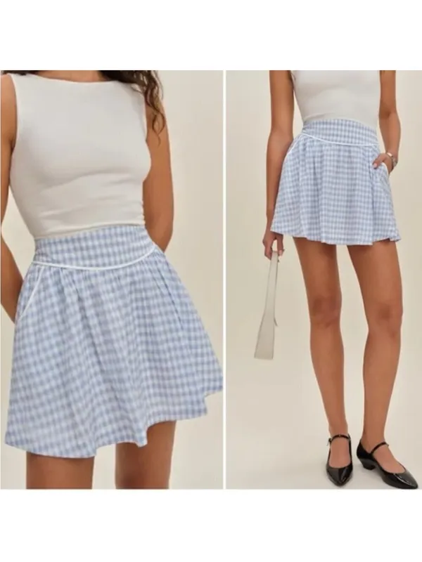 Reformation Piper Skirt Mini Crystal Check Blue White Plaid size 6 NWT - Image 2