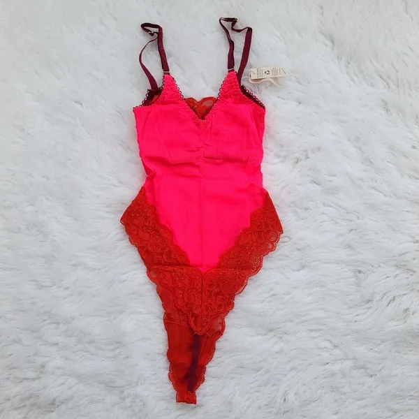 We are HAH -416 NWT Thanks for‎ Nothin Bodysuit Lava/Hala Hot Pink Red Lace XS - Image 7