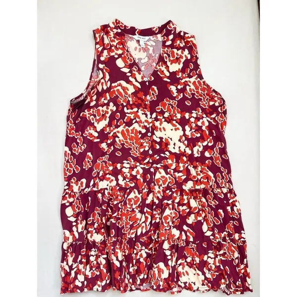 NINE WEST Babydoll Dress Size L Abstract Tiered Ruffle Hem Boho Purple Cream - Image 3