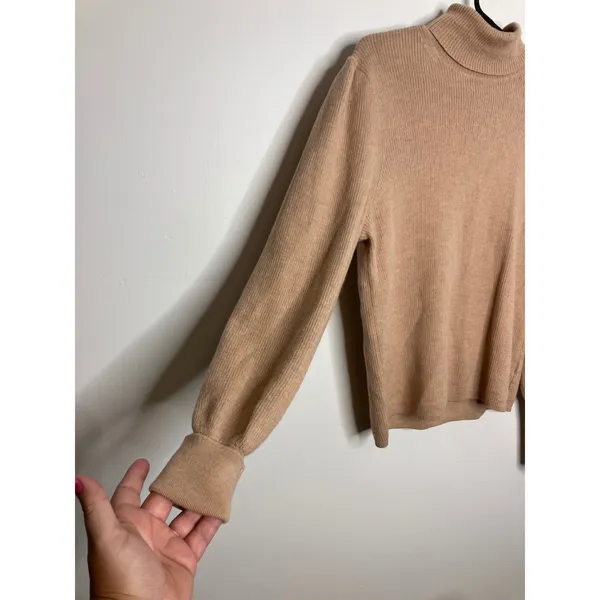 J.Crew Turtleneck Sweater Womens L Tan Excellent Merino Wool Puff Sleeve Ribbed - Image 2