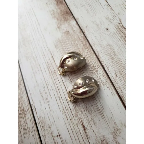 Vintage Clip On Earrings - Gold Tone with Inlayed Clear Gems 7/8" - Image 2