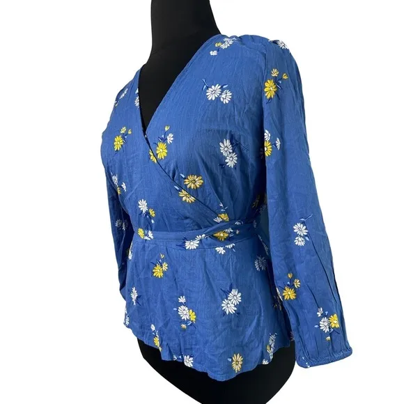 Old Navy Women Large Blue Floral Daisy‎ Wrap Top V-Neck Long Sleeve Blouse NEW - Image 5