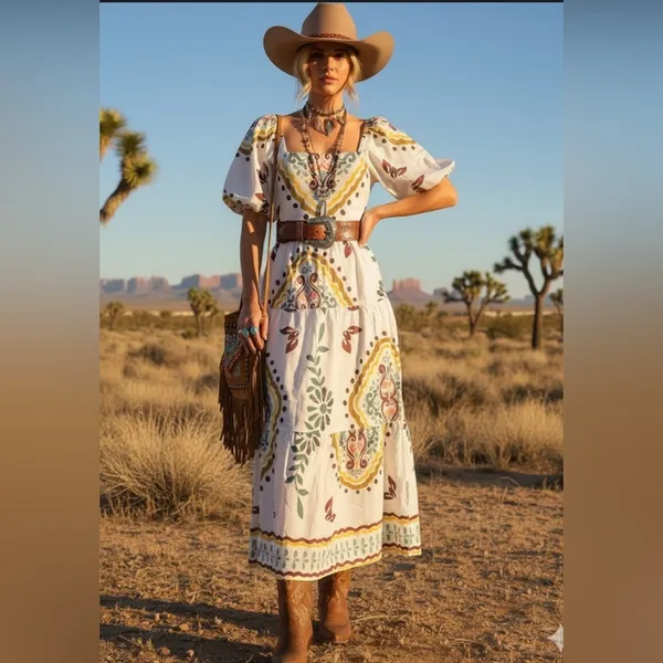 Meadow Rhodes Boutique Boho Maxi Dress 100% Cotton Puff Sleeve Smocked size M - Image 2
