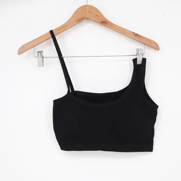 Black Asymmetrical Ribbed One Shoulder Crop Top Tank Bralette Medium - Image 2