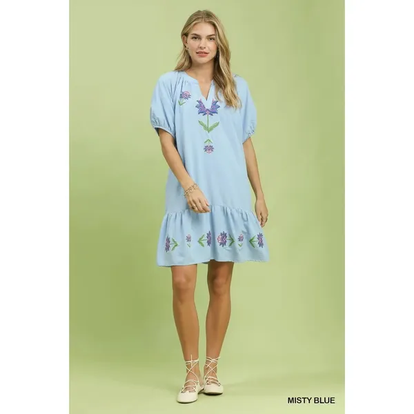 Umgee Embroidered Floral Babydoll Dress - Mistyblue‎ - Small - Image 5