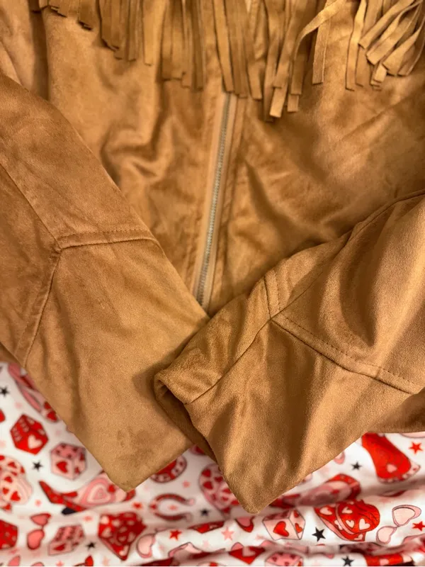 Me Jane Size Medium Women’s Faux Suede Fringe Jacket Brown Western Boho Zip - Image 7