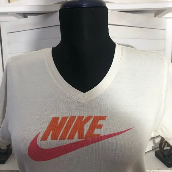 Vintage 90s Nike Swoosh Logo V Neck T Shirt White Pink Large - Image 12