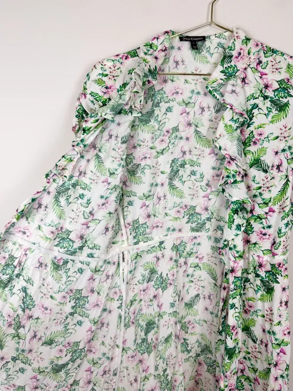 Juicy Couture Allover‎ Floral Wrap Dress Ruffle White Green Pink Size 0 - Image 11