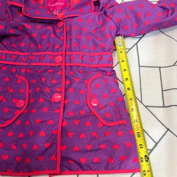 London Fog Trench Coat‎ 6X Purple Red Heart Print Hooded Fleece Lined Jacket - Image 4
