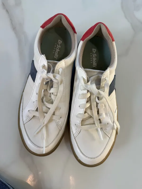 Dr. Scholl's White Sneakers with Navy Chevron and Red Heel - Image 3