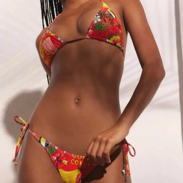 Orange floral bikini set with white mesh top - Image 2