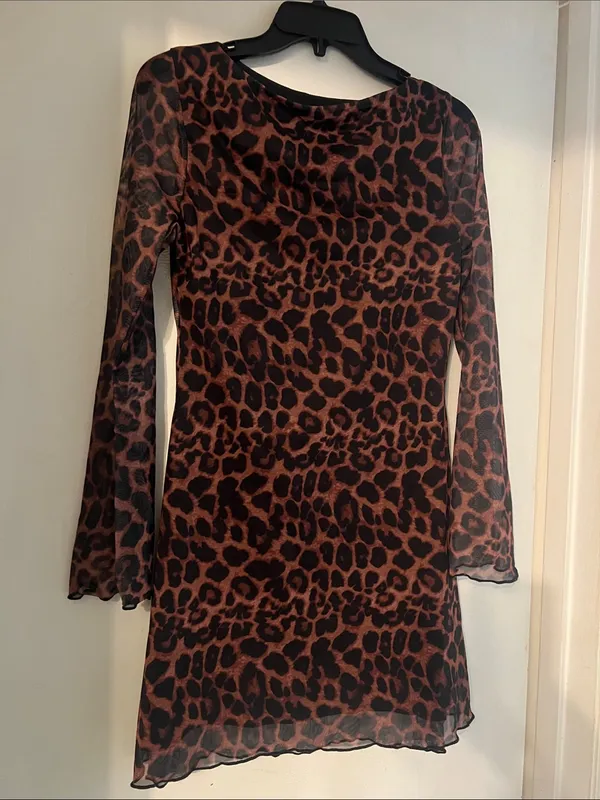 Leopard Print Bell Long Sleeve Sheer Dress - Brown Animal Print Y2k Mesh Sheer - Image 2