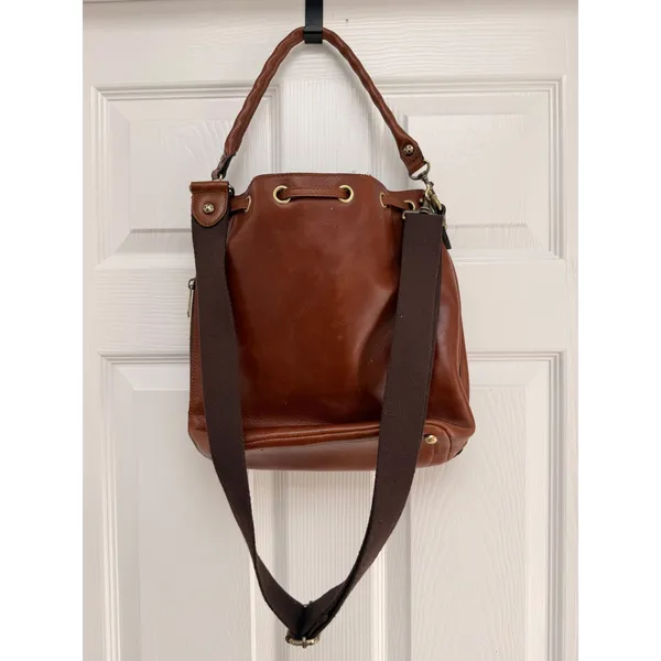 Patricia Nash‎ Alma Bucket Bag Brown Leather Drawstring Crossbody Pockets Cognac - Image 2