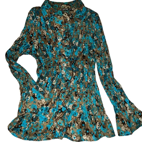 APT 9 Ruffled and Pleated Long Sleeve Blouse, Turquoise & Brown, Size M - Image 2