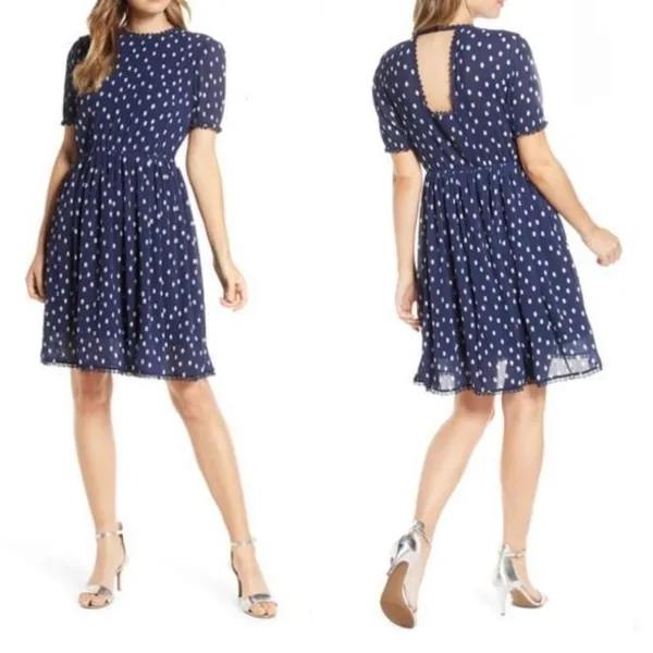 NWT 1901 Polka Dot Chiffon Navy Blue Dress S SP - Image 2