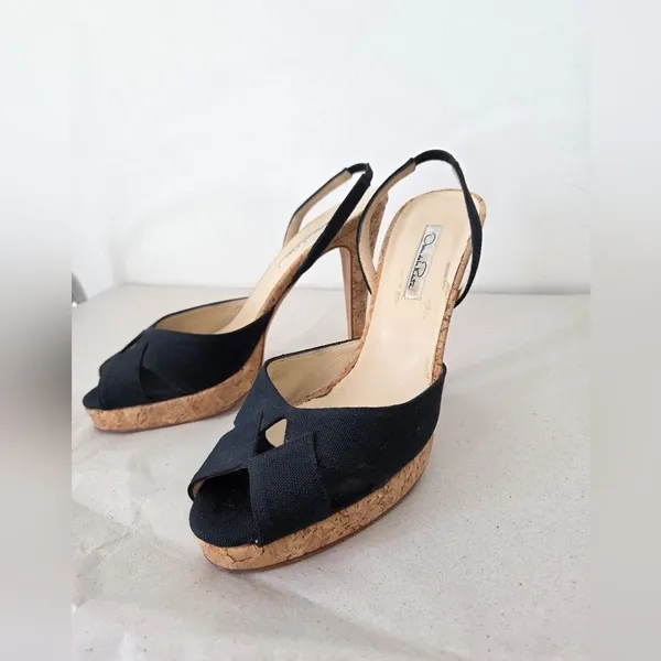 Oscar De La Renta Canvas Stilletto Heels Black Cork Designer Career Office EU 39 - Image 2