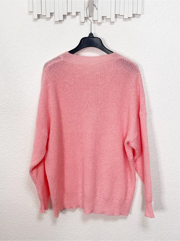 Amazon Coral Pink Oversized Henley Button Pullover Knit Sweater - Image 3