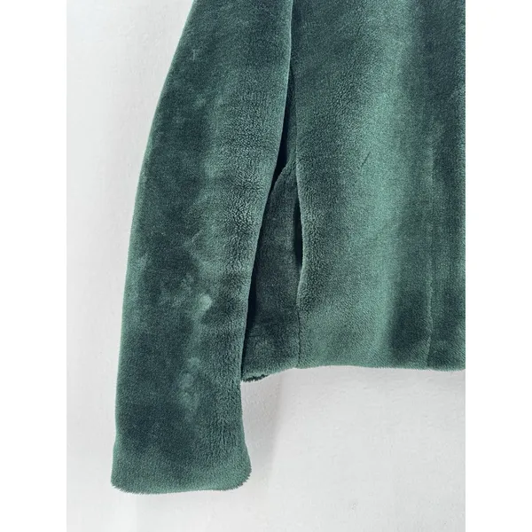 Forever 21 Faux Fur Hooded Jacket Women XL Dark Green Full Zip Lined Cozy Teddy - Image 4