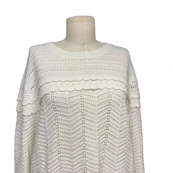 J. Crew Crewneck‎ Scalloped Pointelle Sweater Ivory Size XL - Image 2