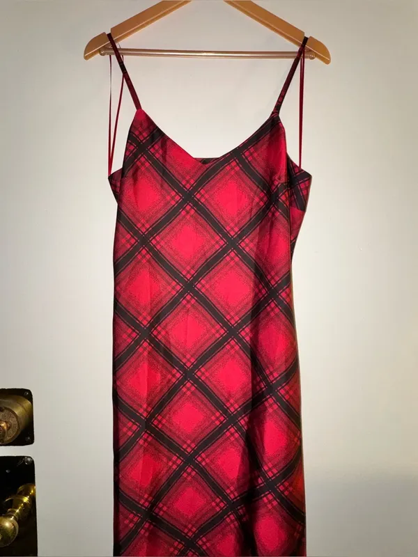Rachel Zoe Cherry Red Plaid Slip Maxi Dress Medium - Image 2