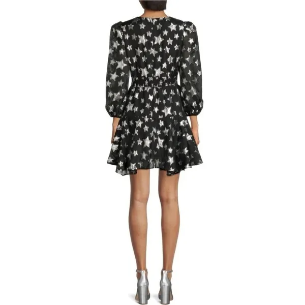 Sam Edelman Womens 6 Black Silver Metallic‎ Star Print Mini Dress V Neck - Image 3