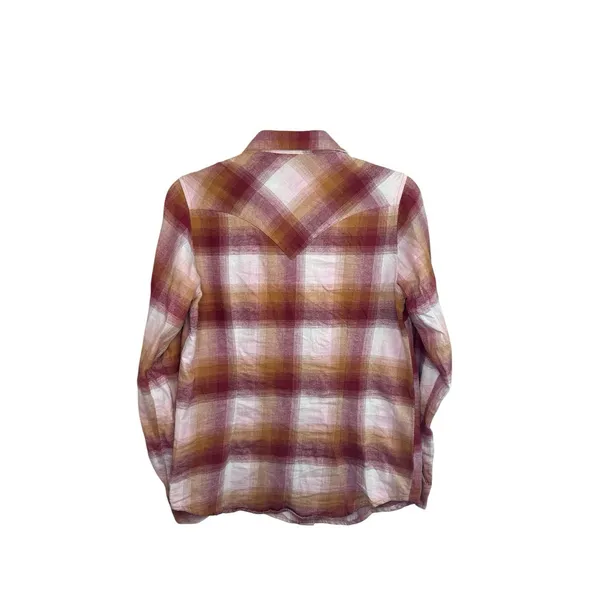 Wrangler Women Pearl Snap Plaid Flannel Shirt Red‎ Cream Chest Pockets Small - Image 5