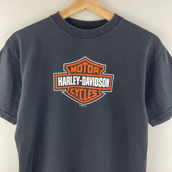 Harley Davidson Vintage Y2K Black Orange Large Emblem Logo Moto Graphic Tee - Image 3