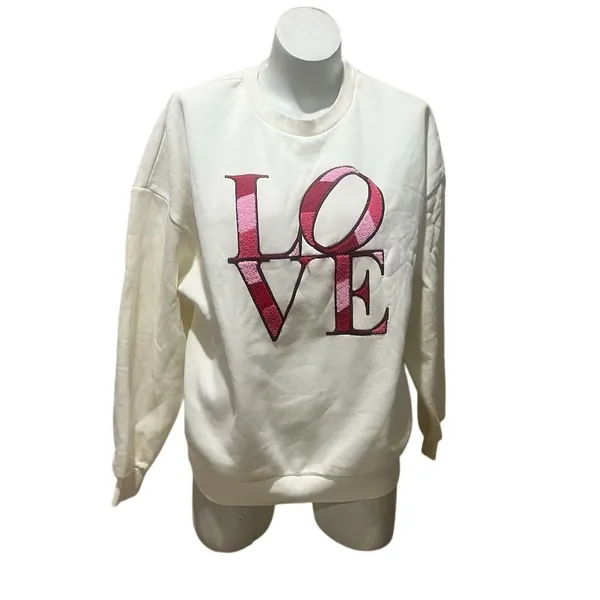 Francesca's Women's M Beige Love Embroidered Long Sleeve Sweatshirt - Image 8