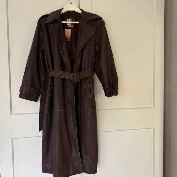 NWT Abercrombie & Fitch Vegan Leather Trench Coat Chocolates Brown Mob Wife XL - Image 2