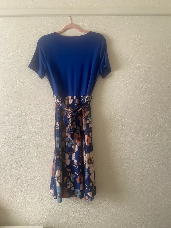 Women’s Blue Floral Midi Dress with Tie Waist - Image 6