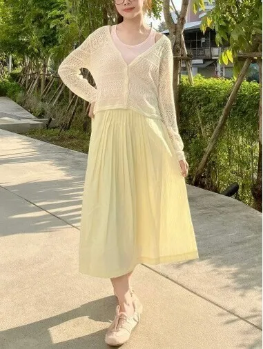 Uniqlo Linen Blend Tuck Long Skirt NWT Yellow XL - Image 2