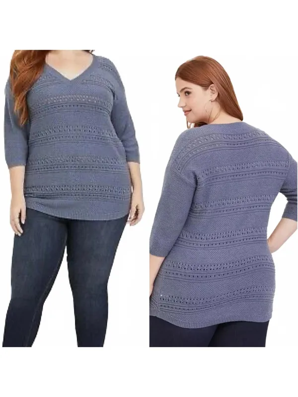 Torrid Dusty Blue Pointelle Pullover V-Neck Tunic Sweater Plus Size 2X - Image 2