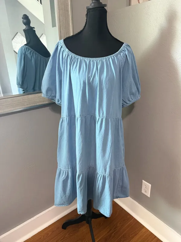 BeachLunchLounge Amie Convertible Neck Costal Cowgirl Chambray Denim Dress Large. - Image 2