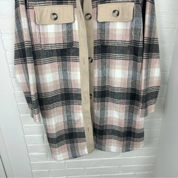 Melloday Pink Brown Plaid Long Line Button Front Shacket Size XL - Image 5