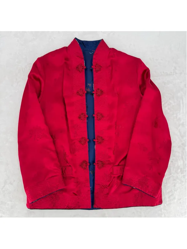 Peony Asian Kimono Jacket REVERSIBLE Blue Floral or Red Shanghai China Vintage L - Image 12