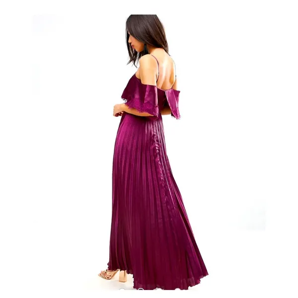 ASOS Plum Burgundy Satin Lace Trim Pleated Cold Shoulder Maxi Dress Size 4 - Image 2