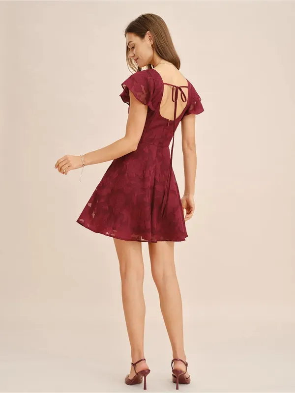 Rihoas Wine Red Square Neck Jacquard Mini Dress - Image 5