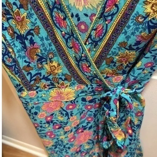 ZESICA Womens Teal Floral Wrap Dress Short Sleeve Boho‎ V-Neck Mini Dress S - Image 5