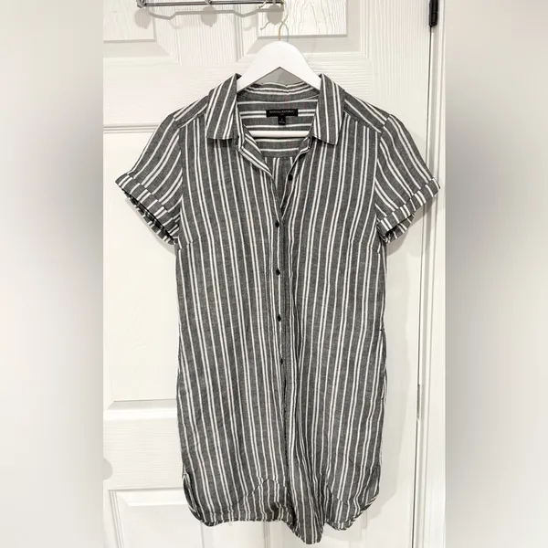 Banana Republic Gray White Coastal Linen Blend Preppy Size 4 Striped Shirt Dress - Image 7