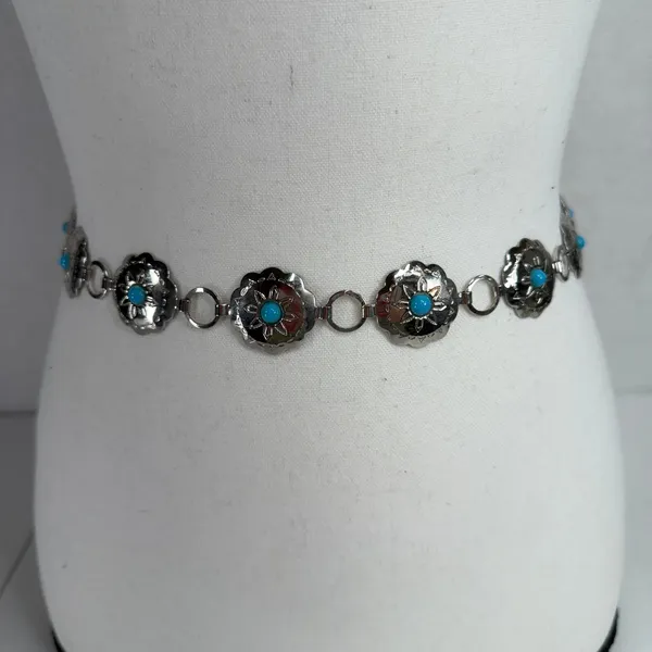 Thunderbird Western Boho Chain Belt Silver Turquoise Concho Lightweight Festival - Image 2