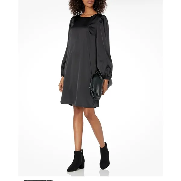 The Drop @shopdandy Black Silky Belted Blouson Sleeve Dress NWT L‎ - Image 2
