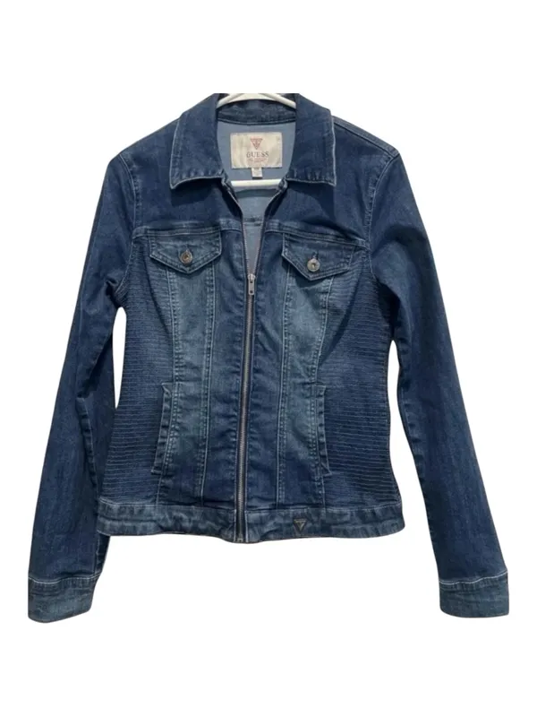 Guess Rigby Denim Moto Zip Distressed Blue Jean Jacket Medium - Image 2