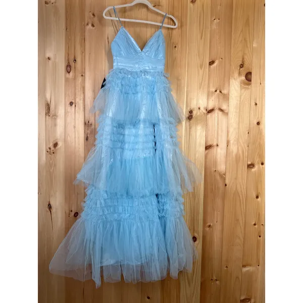NWT Lulus Gorgeous Statement Blue Tulle Tiered Ruffled Maxi Dress Prom Gala XS - Image 2