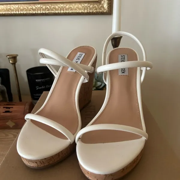 Steve Madden‎ Udell Leather Slip On Cork Wedge Slingback Sandals White NEW 9.5 - Image 2