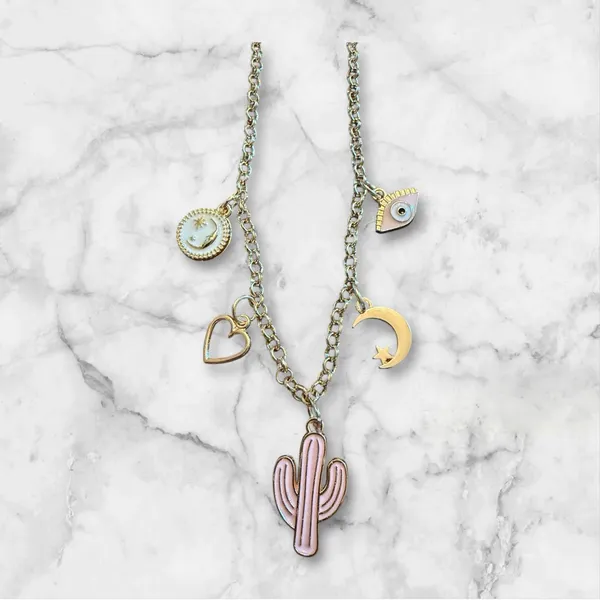Gold Charm Necklace with Cactus and Moon - Image 2