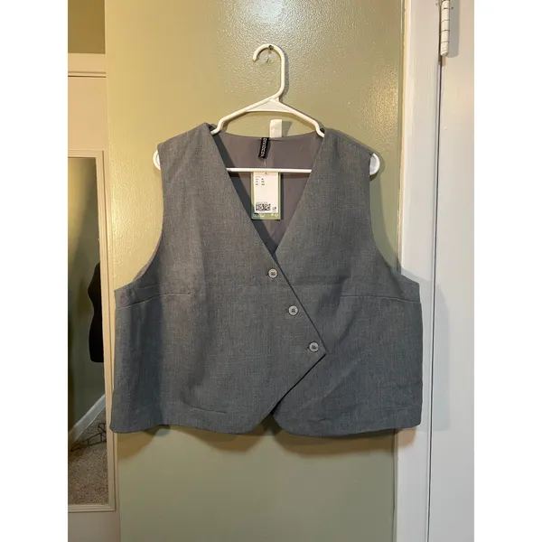 Divided H&M Womens Size XL Vest Asymmetric Button Gray Sleeveless V-Neck Stretch - Image 2