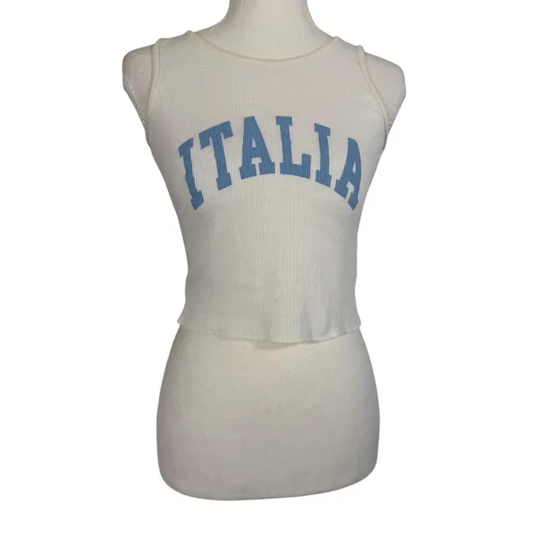 Italia Ribbed Crop Tank Top Womens One Size Cream Blue Graphic Made in Italy Y2K - Image 12
