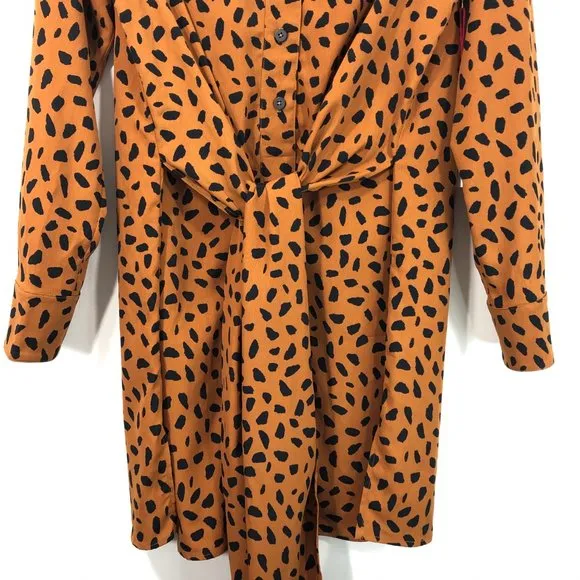 New Tie Front Button Down Shirtdress Animal Print Long Sleeve Mini - Image 15