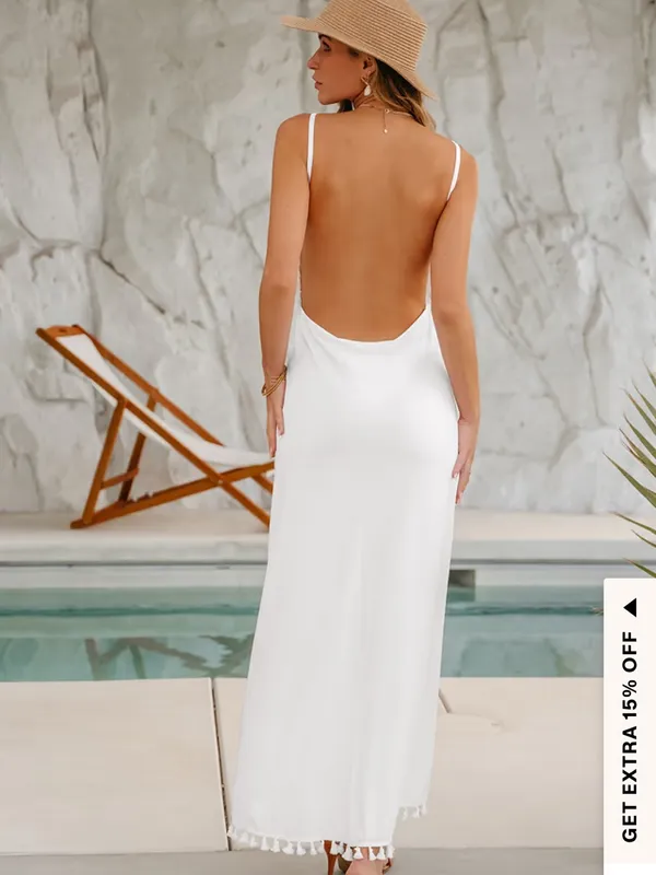 Popvil Cupshe White Tassel Trim Wrap Low Back Cover Up Maxi Dress Size XL - Image 3